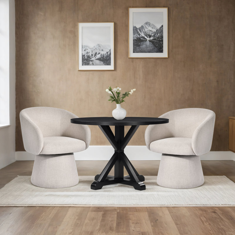 Ensemble de table de salle à manger ronde contemporaine avec chaises pivotantes rembourrées, Noir, Noir