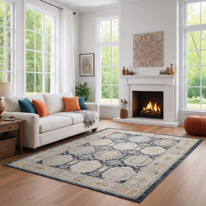Tapis bleu marine / ivoire Goulart, Rectangle 6 pi 7 po x 9 pi 6 po