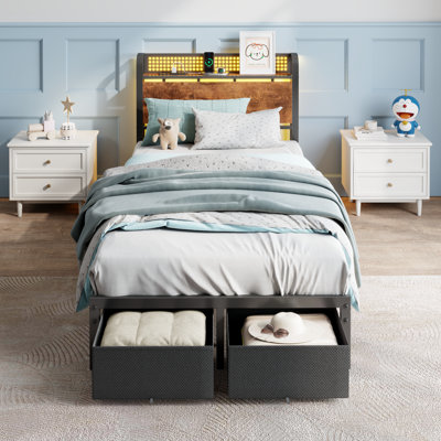 Bed Frame with Storage Headboard LED Lights Charging Station USB Ports Heavy Duty No Box Spring Needed Metal Slat Mattress Base