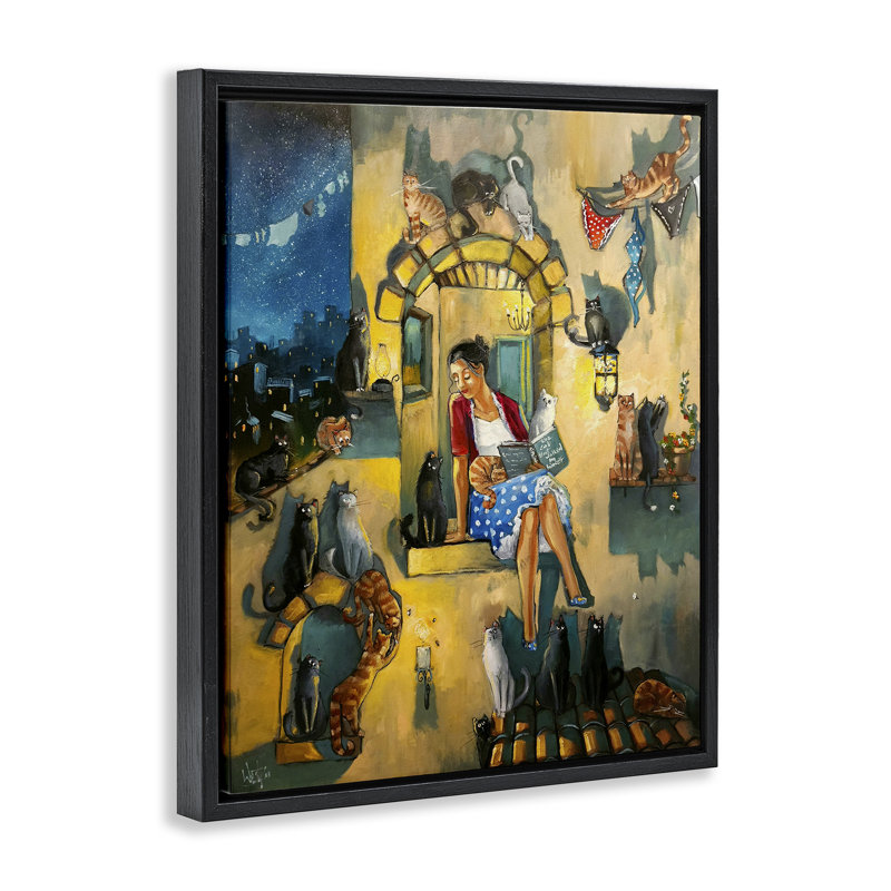 «Window Window with Cats Floater», art mural sur toile par Ronald West, Cadre flottant noir de jais, H 21 po x l 17 po