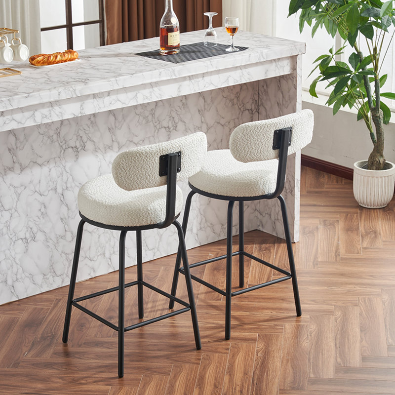 Swivel Bar Stools Set Of 2, Boucle Upholstered Counter Height Chairs With Metal Legs & Footrest, 360° Swivel For Kitchen And Dining