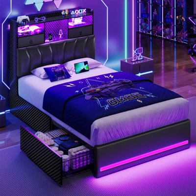 Lit simple avec éclairage RVB et station de recharge, lit de jeu une place avec tête de lit et 2 grands tiroirs de rangement, cadre de lit plateforme rembourré style sport électronique, sommier non requis, noir