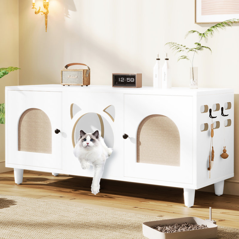 Cat Cabinet In Cream White - 31 Litter Box With Extra Storage Space Modern Style Cat- Construction And Hooks