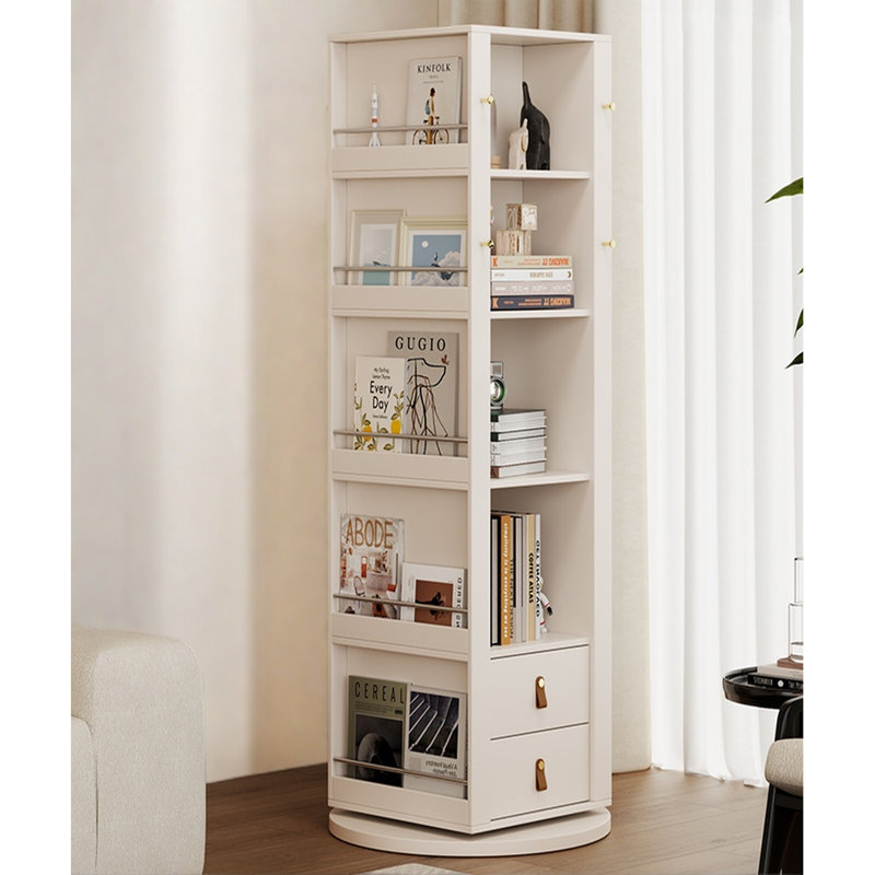 Rotating bookcase with mirror, Cream, (4 Shelves) 64.96" H x 21.65" W x 21.65" D