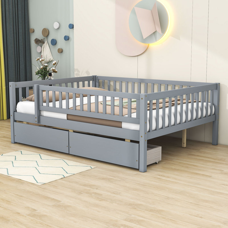 Lit en bois avec deux tiroirs, gris, Double