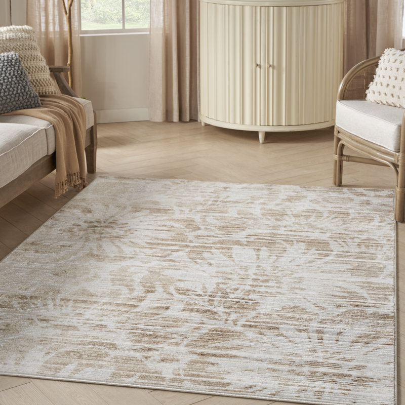 Ivory and Nude Floral Stripe Synthetic Area Rug 5' x 7'