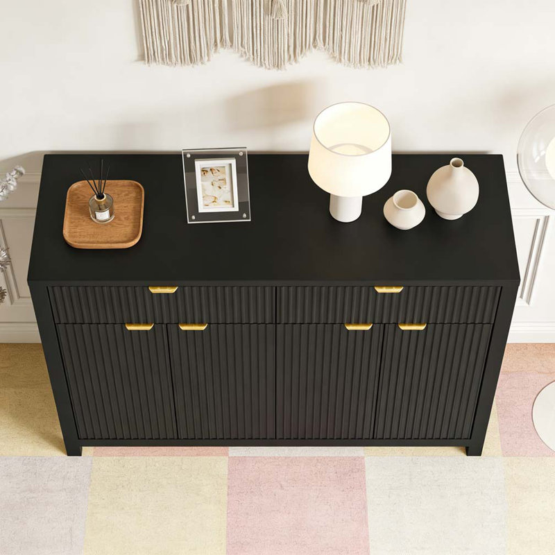 Buffet 55,1 "avec 2 tiroirs et 4 portes, tablettes réglables, Noir