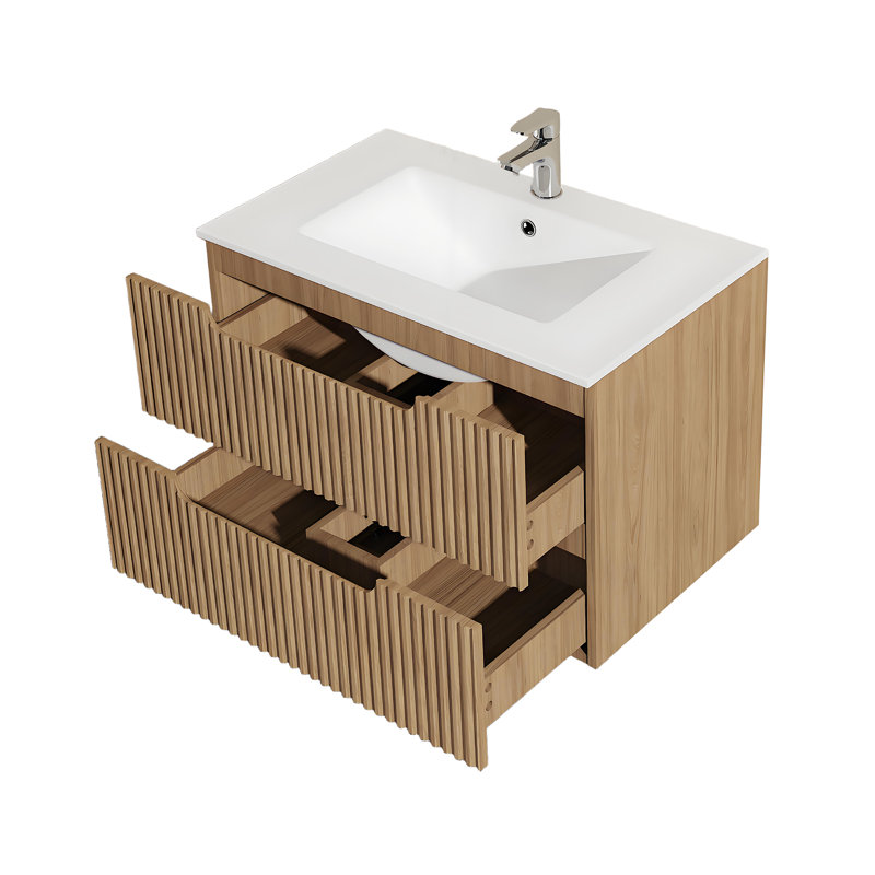 Mid-Century 30" Walnut Floating Bathroom Vanity Modern Wall-Mounted Floating Bathroom Cabinet