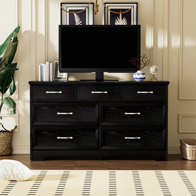 Commode de rangement moderne à 7 tiroirs avec poignées en métal antique | Commode imperméable pour panneaux de particules pour chambre à coucher, salon et couloir