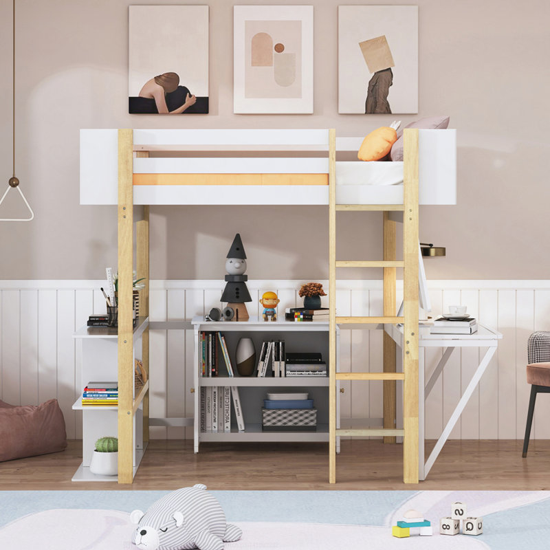 Lit mezzanine en bois avec armoire de rangement intégrée et cubes, bureau pliable, Blanc, Double