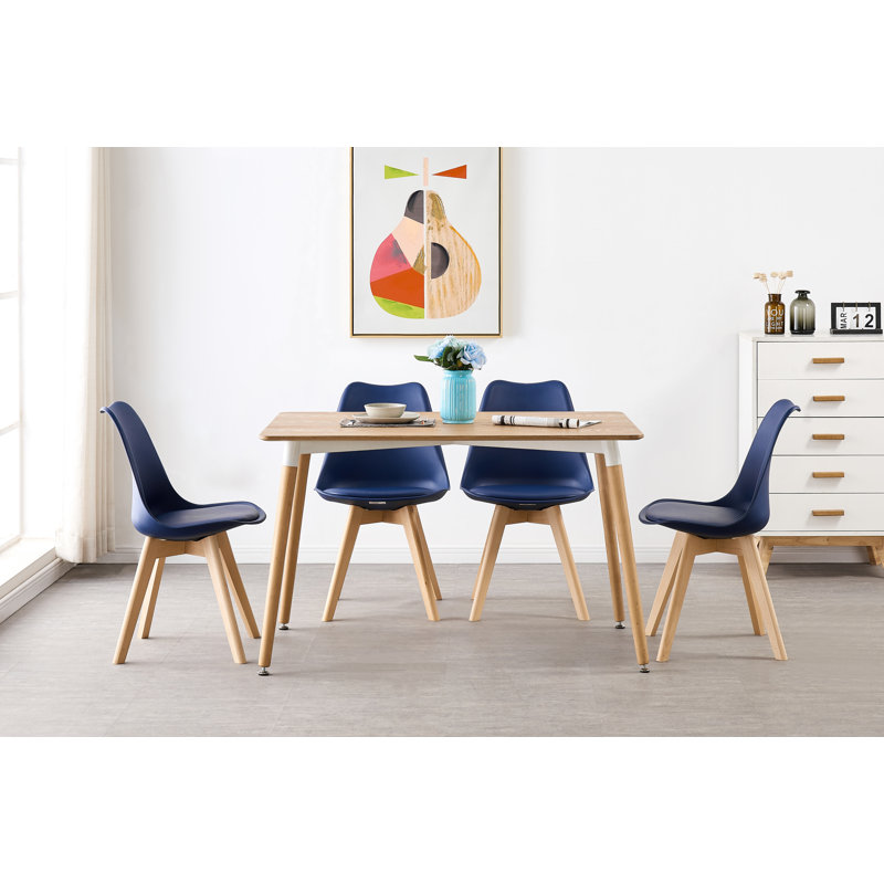 Stephenie 4 Person Dining set - a Rectangular Plastic Dining Table with Wooden Legs and a Set of 4 Faux Leather Cushion Padded Dining Chairs for Dining Room - Modern Dining Table Set