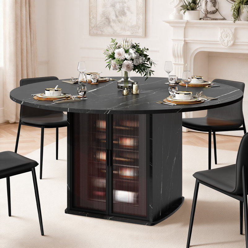 Round Dining Table With Fridge Space, Modern White Faux Marble Kitchen Tables,wood Dining Room Table With Storage Shelf, Circle Dinner Tables For Home