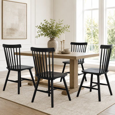 Ensemble de 4 chaises de salle à manger Windsor, dossier de cuisine en bois à dossier fuselé pour maison, salon, bistro, restaurant, noir