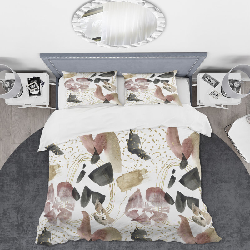 Ensemble de housse de couette abstrait en fleurs roses, contours dorés VI - polyester traditionnel