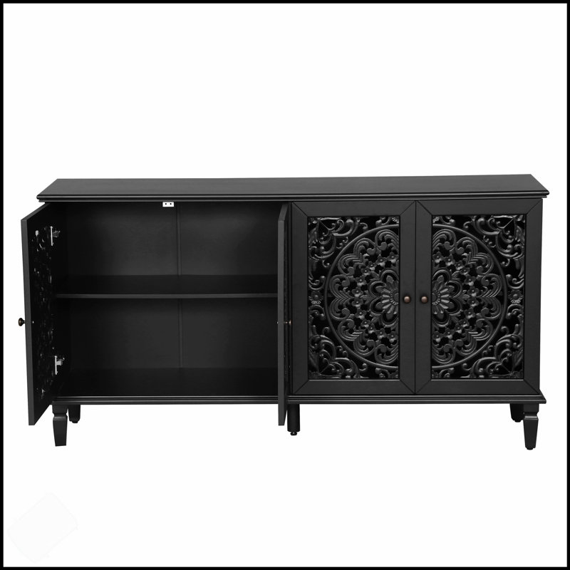 Élégante armoire buffet antique avec sculptures florales, pieds en bois massif, poignées en laiton antique et tablettes réglables pour un rangement polyvalent et un meuble télé