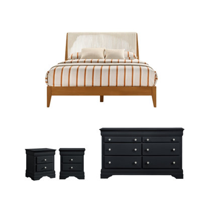 Ensemble de chambre à coucher entièrement assemblée en bois massif 4 pièces Nane