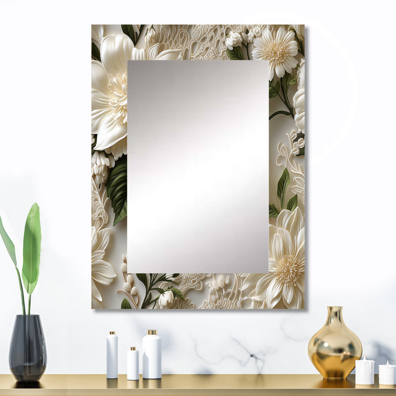 Araud Vintage White Flower Lace Bliss - Floral Large Wall Mirror, Floral Unique Mirror, Printed Metal Art, 32" x 24"