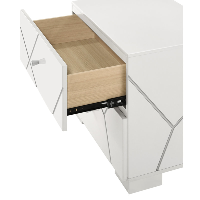 Armoire de chevet moderne avec détails géométriques, deux tiroirs, finition blanche immaculée, profondeur de 23,53 po, largeur de 16,53 po, hauteur de 21,86 po pour chambre à coucher, profondeur, largeur, hauteur