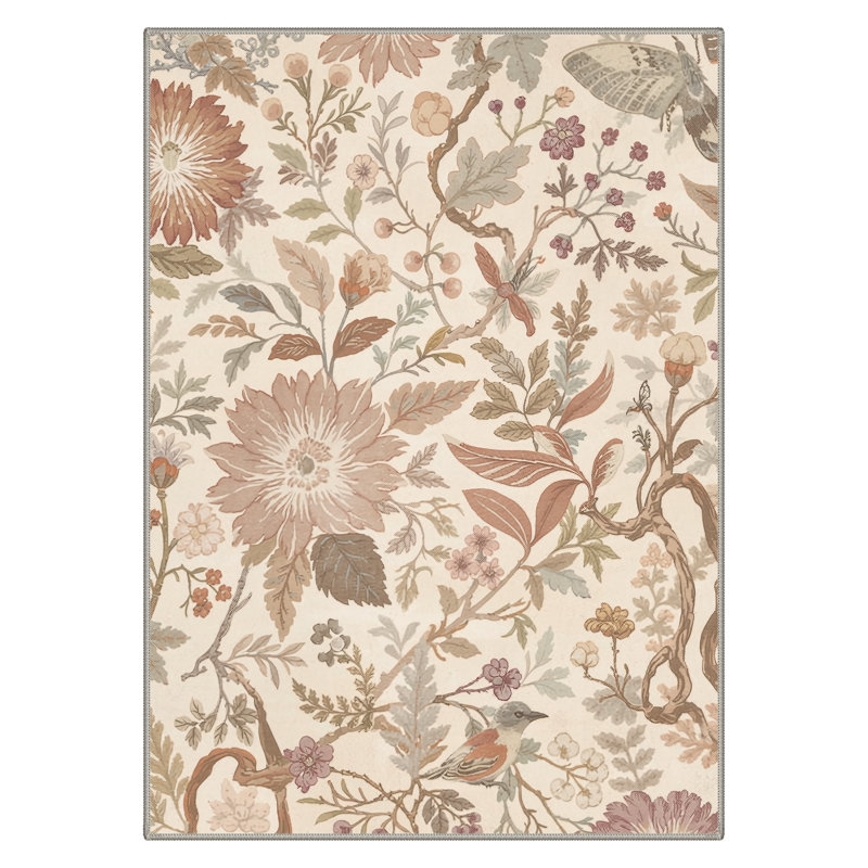 Clermont Veridian Floral Machine Washable Beige Indoor Area Rug with Non-Slip Backing, Rectangle 9' x 12'