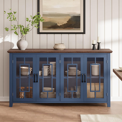 Buffet de 63 po avec portes à panneaux en verre trempé, tablettes réglables, rangement pour crédence de salle à manger et de cuisine pour vaisselle et service