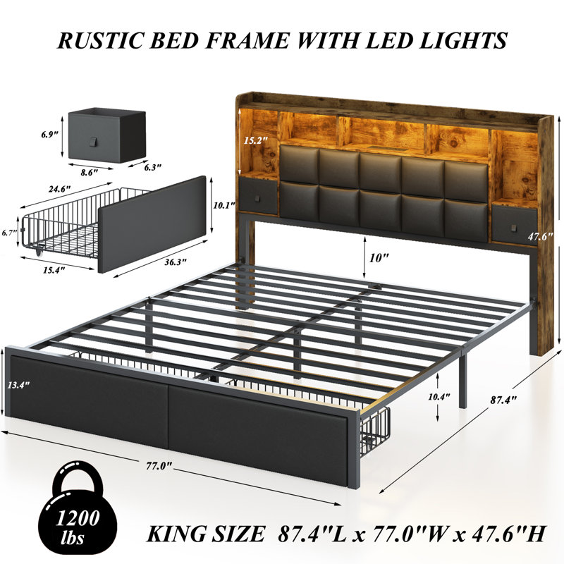 Upholstered LED Platform Bed Frame With Storage Drawers & Bookcase Headboard, Charging Station, Heavy-Duty Metal Slat Support, Noise-Free, No Box Spring Needed