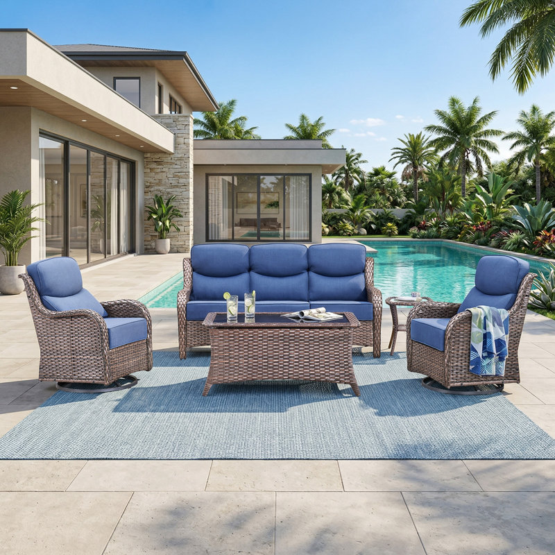 5 Piece Wicker Patio Furniture Set With 6" Thick Cushion - Outdoor Swivel Rocker Chairs Set With 3 Seat Sofa And Coffee Table, Patio Conversation Sets Proch Furniture For Balcony Deck