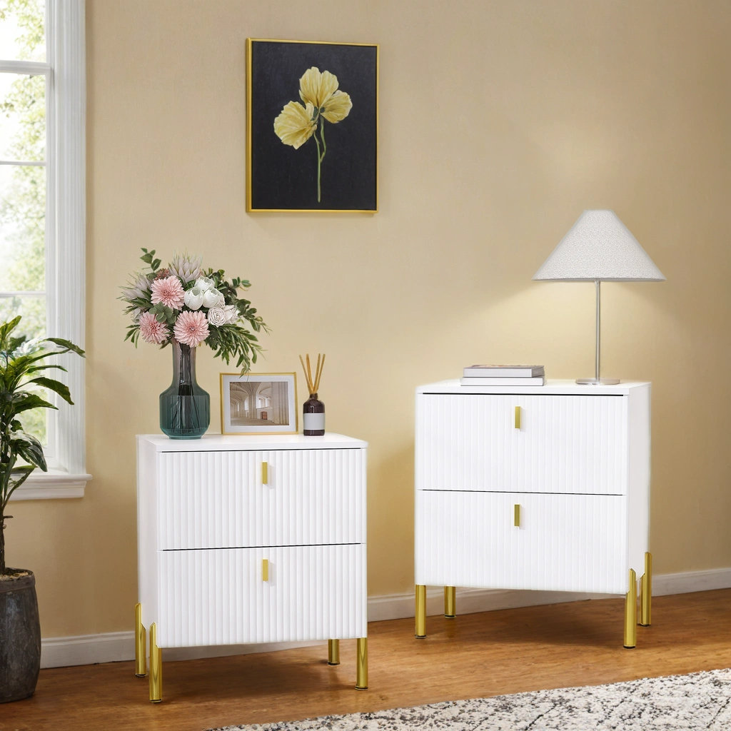 Set Of 2 Fluted Nightstands - Modern Bedside Tables With Drawer & Open Shelf, Walnut Finish