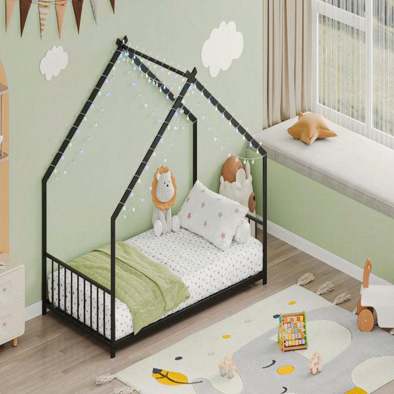 Children's Bed Frame with LED Light Strips, Sturdy Roof-Shaped Iron Frame for Safe and Fun Sleeping, Black, Twin