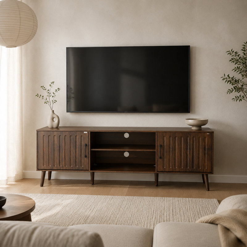 160cm Walnut TV Cabinet with Sculpted Doors & Open Shelves - Media Console, 6 Legs
