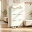 Armoire à chaussures 3 tiroirs avec grille supérieure, panneaux de porte en panneau de fibres à densité moyenne thermoformés, coutures et poignées de porte dorées champagne, pieds en bois massif conique-792004893