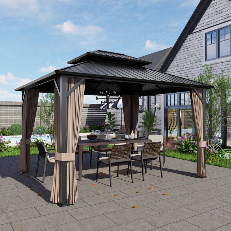  SOLUMIA 10'x12' Hardtop Gazebo, Galvanized Steel Double Roof Canopy with Aluminum Frame, Outdoor Pavilion with Nettings and Curtains