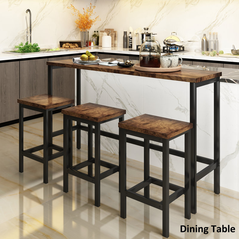 Keiera Modern Design Kitchen Dining Table, Pub Table, Long Dining Table Set with 3 Stools, Brown, Brown