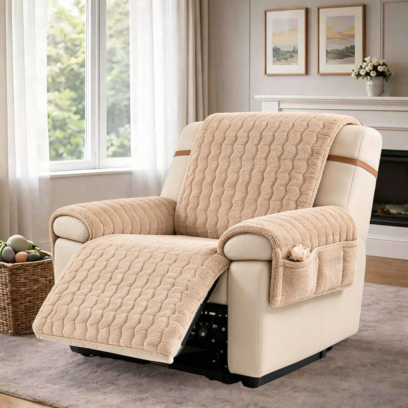 Luxury Sherpa Plush T-Cushion Recliner Slipcover Thick Soft Non Slip Sofa Protector, Light Coffee