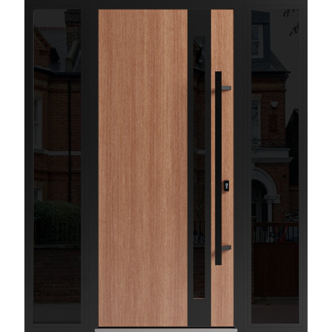 Front Exterior Prehung Steel Door Ronex 1033 Teak 2 Side Exterior Windows Sidelites Entry Metal Modern Painted Inswing VDomDoors 