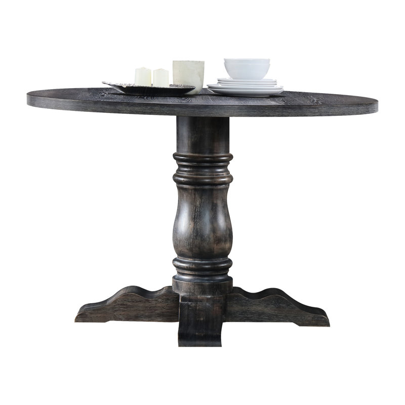 Weathered Gray Finish Round Table For Dining, Single Pedestal Design, Knotty Oak Veneer And Fixed Top, 14" Empire Column Base, 47X47x36 Inches, 99 Lb, Rustic Stylish Dining Option Table, Design With