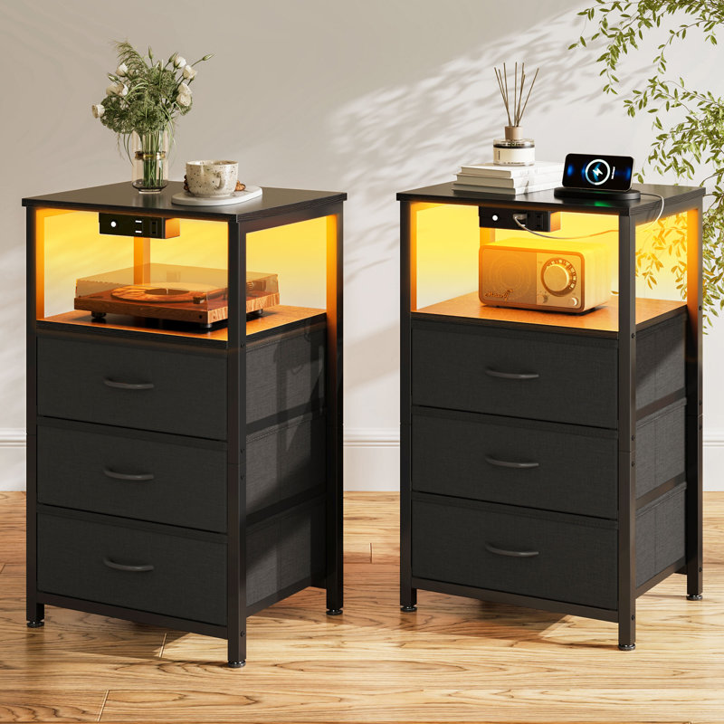 Nightstand With 3 Fabric Drawers,modern Bedside Table With Power Outlets,everyday Side Table With Led Light Strip,end Table With A Large Storage Shelf(2 Set)