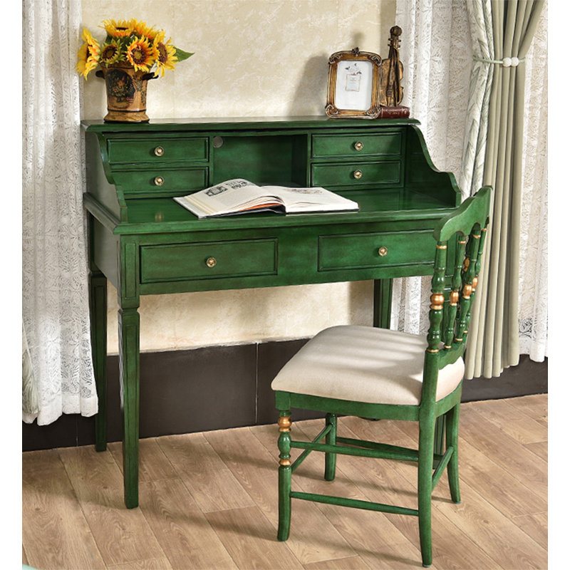 Bureau en bois massif vert émeraude American Vintage