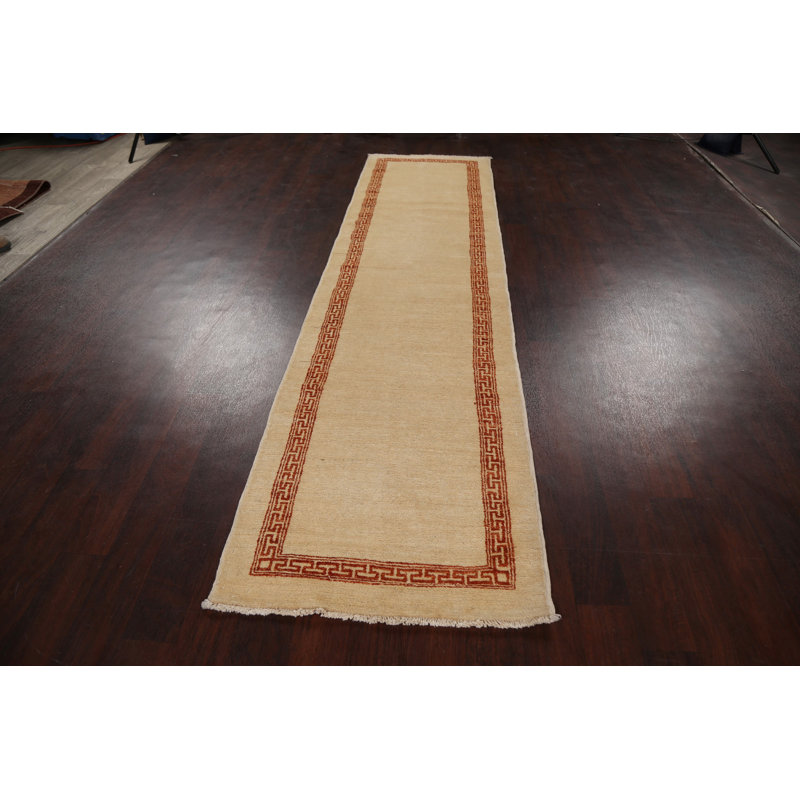 Tapis beige noué à la main de conception unique 2 pi 7 po x 10 pi 0 po