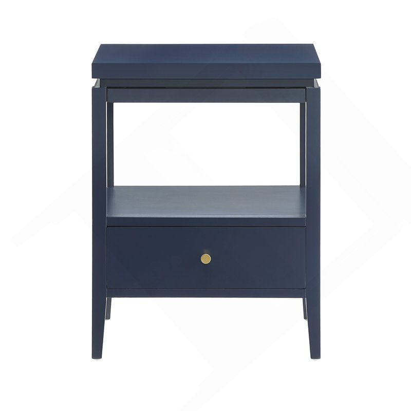 Table de chevet en bois bleu minuit avec un tiroir de rangement, Bleu très foncé