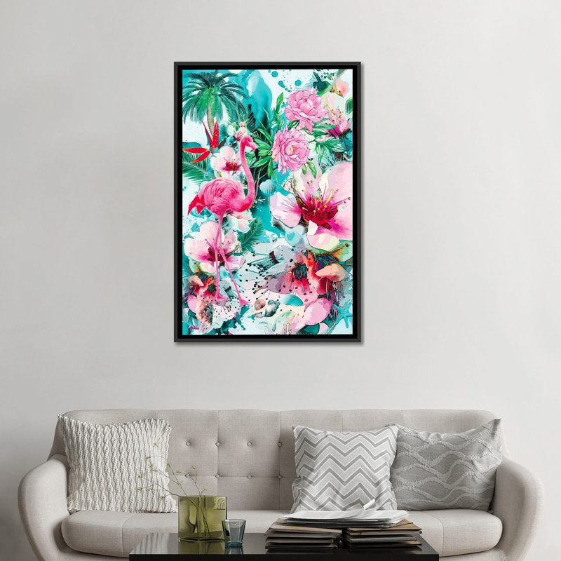 « tropical life », impression sur toile, H 48 po x l 32 po x P 1,5 po, Toile avec cadre flottant noir, Non mat