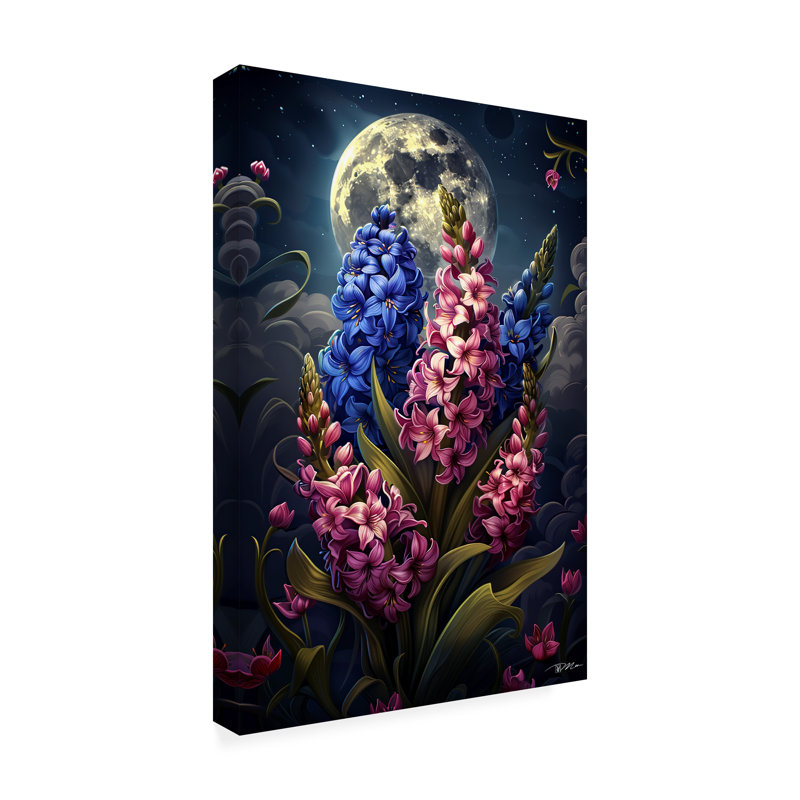 Art sur toile, jacinthe lunaire rose et bleue 1, H 16 po x l 24 po