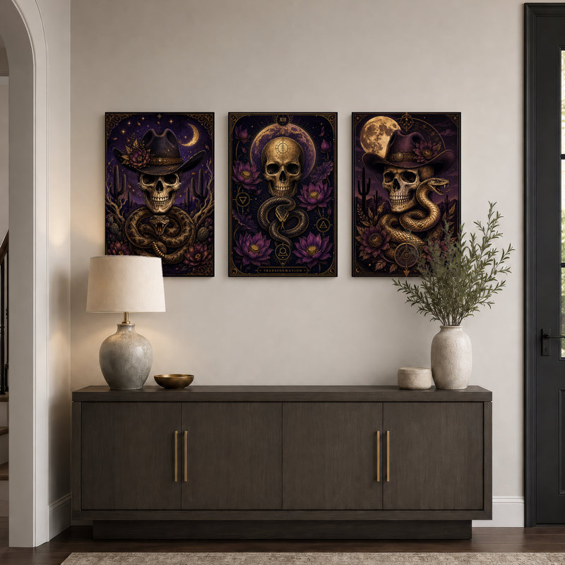 Tête de mort en chapeau de cowboy enveloppé dans un serpent, ensemble de 3 toiles d'Halloween, H 30 po x l 20 po x 3 pièces