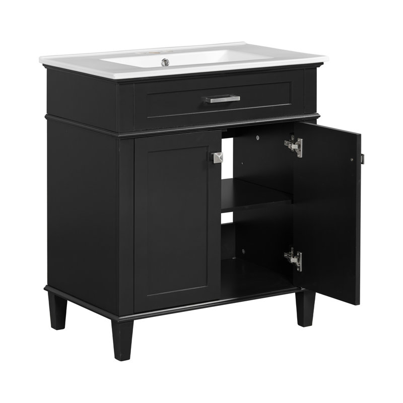 Meuble-lavabo noir de 30 po avec lavabo en céramique, style élégant, tablettes réglables, portes à fermeture en douceur de 30 po noires, rangement polyvalent
