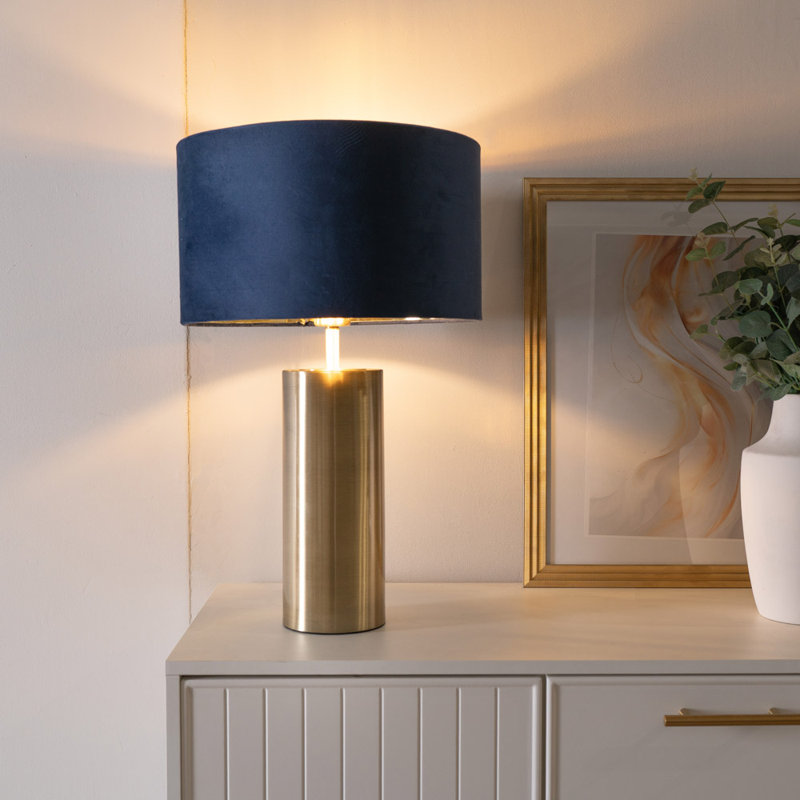 Aidana Touch Table Lamp with Velvet with Inner Lamp Shade, No, Gold Base/Blue/Gold Shade