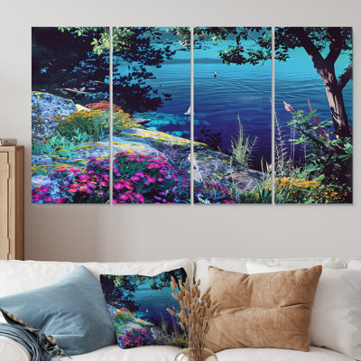 Voilier simple dans une baie florissante bleue idyllique - plage et océan, art mural 4 pièces