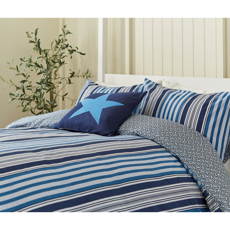 Beach House Stripe Cotton Duvet Cover Set, Blue, King Size Duvet Cover + 2 Pillowcases