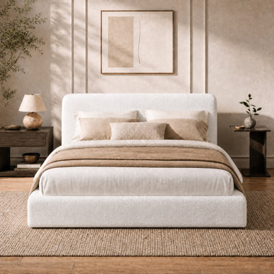 Cloud‑Style Upholstered Platform Bed Frame with Boucle Headboard, 5‑Inch Plush Foam Padding, Curved Design, Heavy‑Duty Metal Slats, Hidden Hook‑and‑Loop, No Box Spring Needed, Easy Assembly