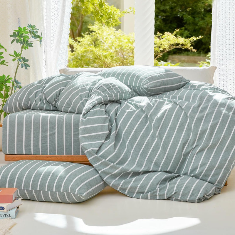 DONEUS 100% Washed Cotton Striped Duvet Cover Set Natural Linen Like Textured Bedding Set 3 Pieces with Zipper Closure