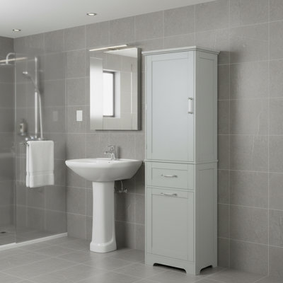 Grande armoire de rangement autoportante pour salle de bain avec 2 tiroirs et tablette réglable, panneau de fibres à densité moyenne peint, gris