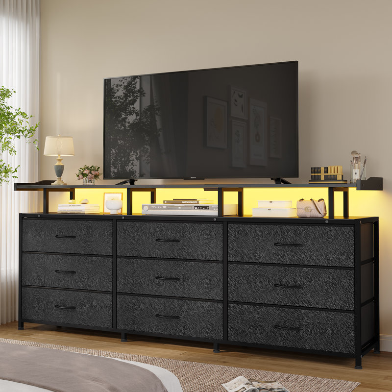 Tv Stand With 9 Drawers And Charging Station, 63" Extra Long Tv Stand For Tvs Up To 75" With Led Light, Black